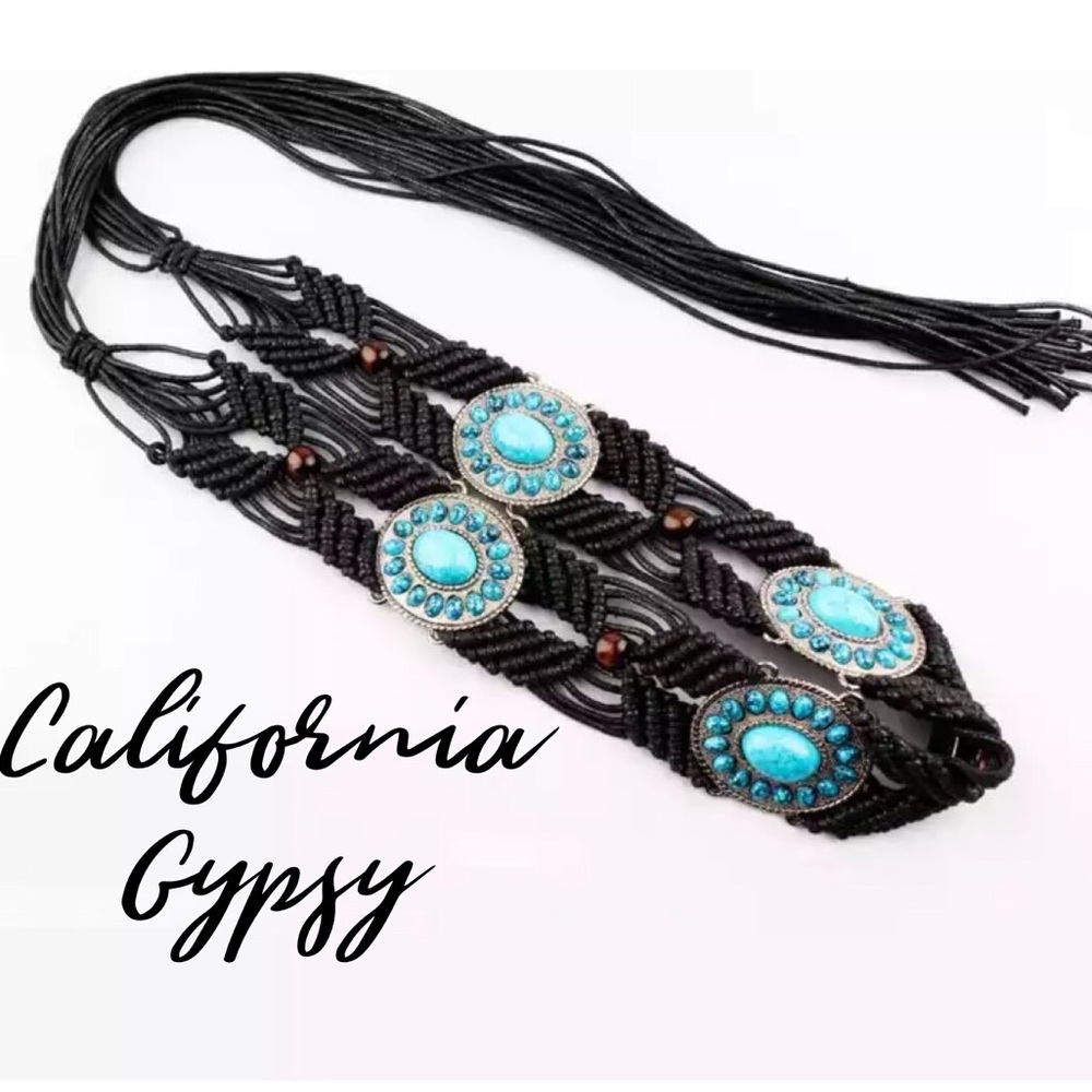 Western Turquoise Macrame Wood Bead Belt - Picture 1 of 5